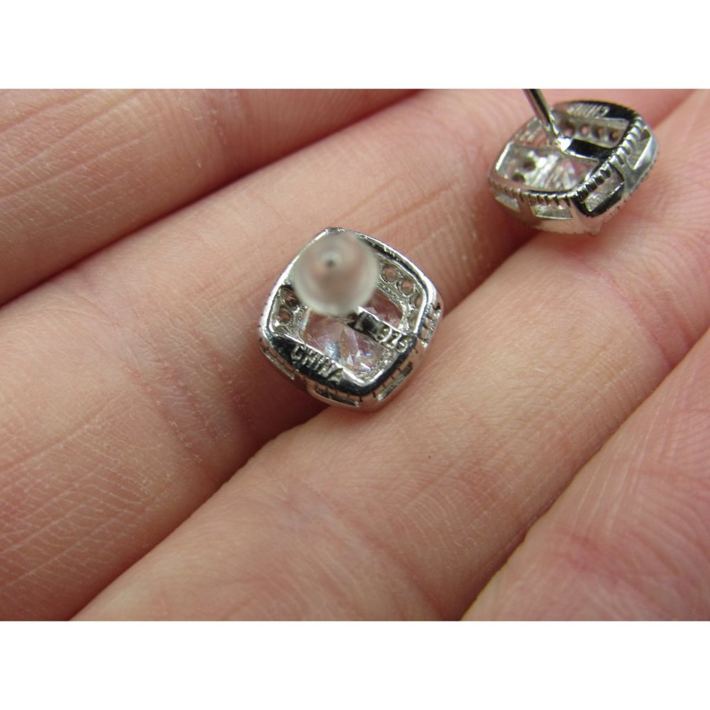 Sterling Silver Halo Square Cubic Zirconia Fancy Stud Earrings Vintage Wedding - Picture 4 of 6